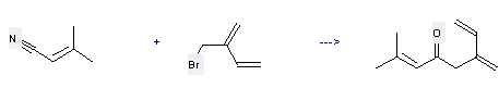 The 2-Butenenitrile,3-methyl- can react with 2-Bromomethyl-buta-1,3-diene  to get 2-Methyl-6-methylene-octa-2,7-dien-4-one